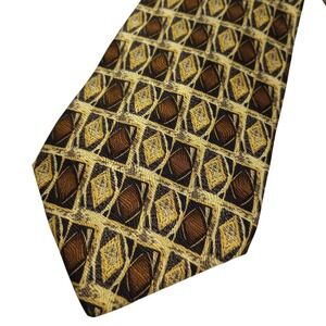 Martin Wong Collection Mens Gold Brown Black Geometric Diamond Pattern Necktie